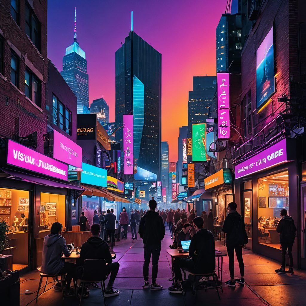 A vibrant cityscape at dusk, showcasing a rainbow-lit skyline symbolizing LGBTQ pride. In the foreground, diverse couples are engaging in various forms of media consumption, like watching erotic videos on a large screen, reading magazines, and interacting with each other. Add elements like neon signs featuring LGBTQ symbols and cozy street cafes. The atmosphere is playful yet intimate, inviting readers to explore. super-realistic. vibrant colors. cyberpunk.